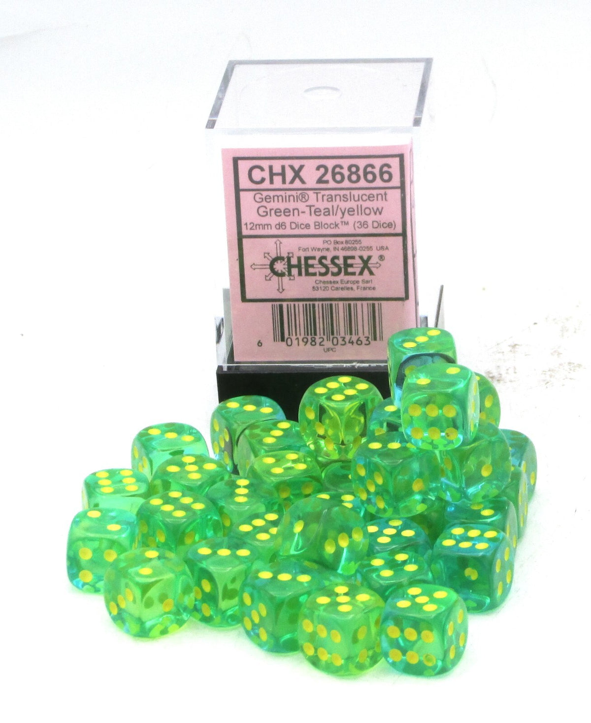 CHESSEX - Dados Gemini Translucent Green-Teal/yellow 12mm c/36
