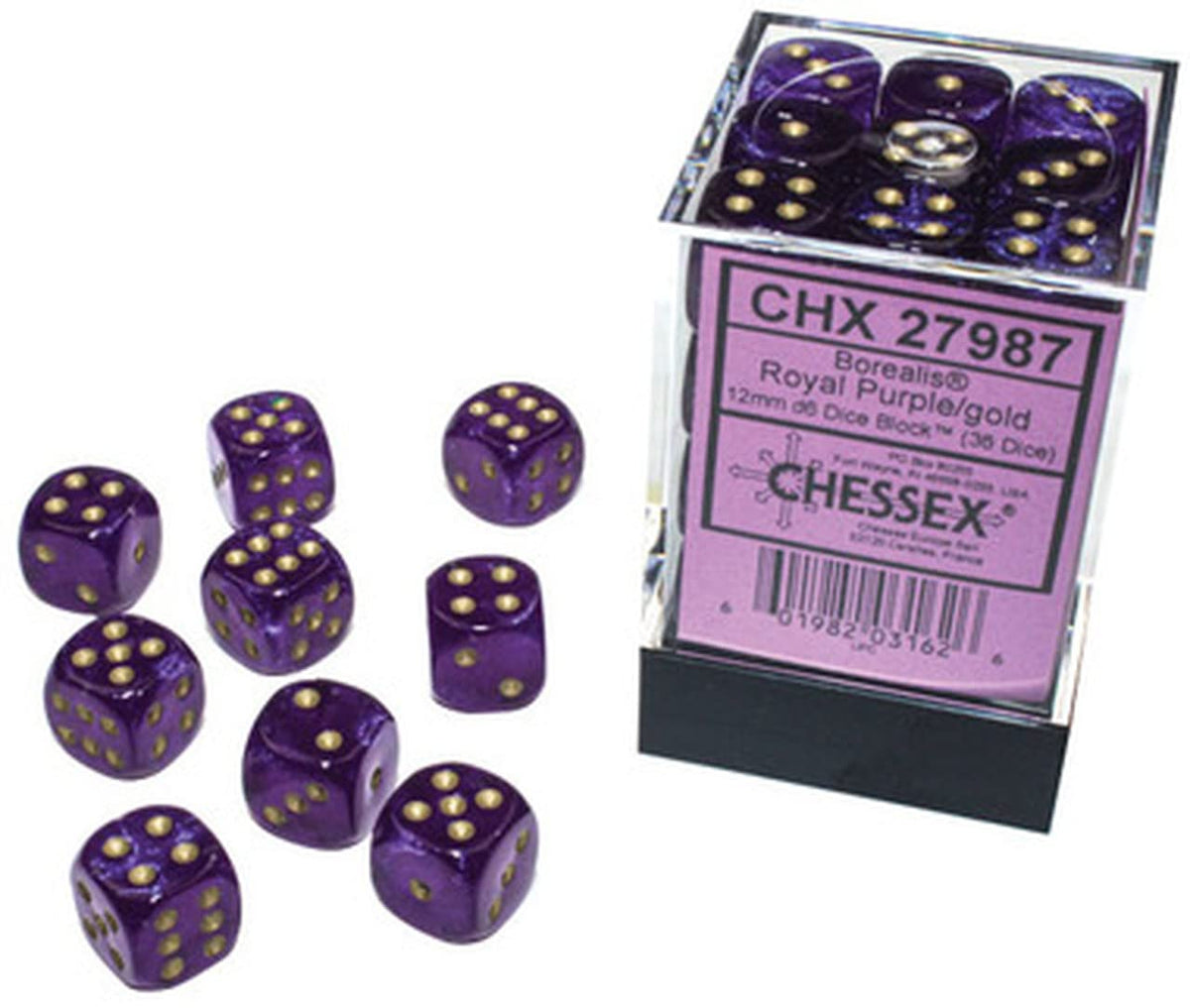 CHESSEX - Dados Borealis Royal Purple/Gold Luminary 12 mm c/36