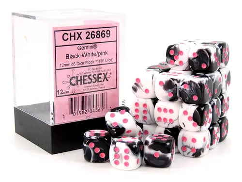 Dados Black - White/pink - 12mm d6 Dice Block (36 Dice)