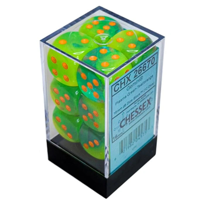 Dados Plasma Green-Teal/orange 16mm d6 dice block (12 dice)